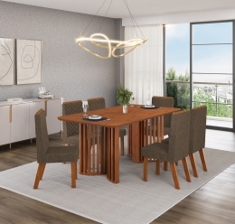 MESA LUMA FREIJO 1700 FREIJO + 6 CADEIRAS NARA LINHO CANELA