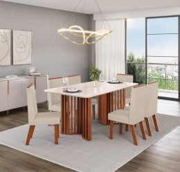 MESA LUMA FREIJO 1800 OFF WHITE + 6 CADEIRAS NARA LINHO NEVE