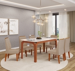 MESA MARINA - TAMPO CHANF. CURVO MAD VD 1600X800X22 FREIJO OFF WHITE + 06 CADEIRA ONDINA LINHO BEGE