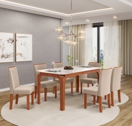 MESA MARINA FREIJO OFF TAMPO 1600x900x18 - 06 CADEIRAS ZOE VELUDO CREME