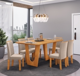 MESA NALA CEDRO COM TAMPO 1700X900 CEDRO - 06 CADEIRAS ZOE CEDRO VELUDO KRAFT