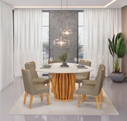 MESA TOKYO CEDRO - TAMPO CHANF. ORGANICO MAD VD 1360X1360X30 OFF WHITE + CADEIRA BIA FREIJO LINHO BEGE