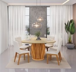 MESA TOKYO CEDRO TAMPO ORGANICO 1360 DOURADO + 06 CADEIRAS SOFIA BOUCLE PEROLA