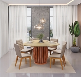 MESA TOKYO FREIJO TAMPO ORGANICO 1360 DOURADO + 06 CADEIRAS SOFIA IPE VELUDO CREME copiar