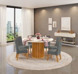 MESA VIENA 1360X1360 CEDRO OFF + 06 CADEIRAS JADE LINHO GRANITO