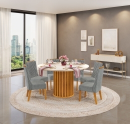 MESA VIENA 1360X1360 CEDRO OFF + 06 CADEIRAS JADE LINHO NEBLINA
