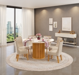 MESA VIENA 1360X1360 CEDRO OFF + 06 CADEIRAS JADE LINHO NEVE