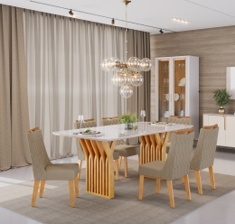 MESA YARA 1800 CEDRO TP OFF WHITE + CADEIRA BIA LINHO BEGE - AMBIENTE ISO