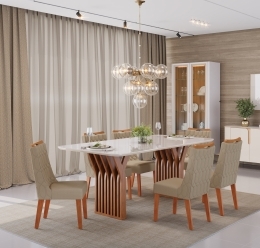 MESA YARA 1800 FREIJO TP OFF WHITE + CADEIRA BIA LINHO BEGE - AMBIENTE ISO