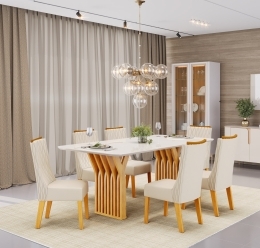 MESA YARA CEDRO COM TAMPO 1800X1000- LANÇAMENTO - 06 CADEIRAS JADE CEDRO LINHO NEVE - AMBIENTE