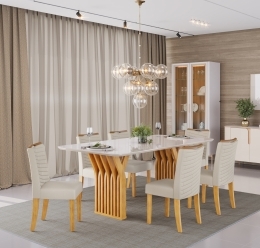 MESA YARA CEDRO COM TAMPO 1800X1000 - 06 CADEIRAS JULIA LINHO BEGE - AMBIENTE