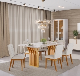 MESA YARA CEDRO COM TAMPO 1800X1000 - 06 CADEIRAS SOFIA BOUCLE PEROLA
