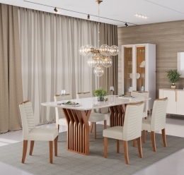 MESA YARA FREIJO COM TAMPO 1800X1000 - 06 CADEIRAS JULIA LINHO NEVE - AMBIENTE
